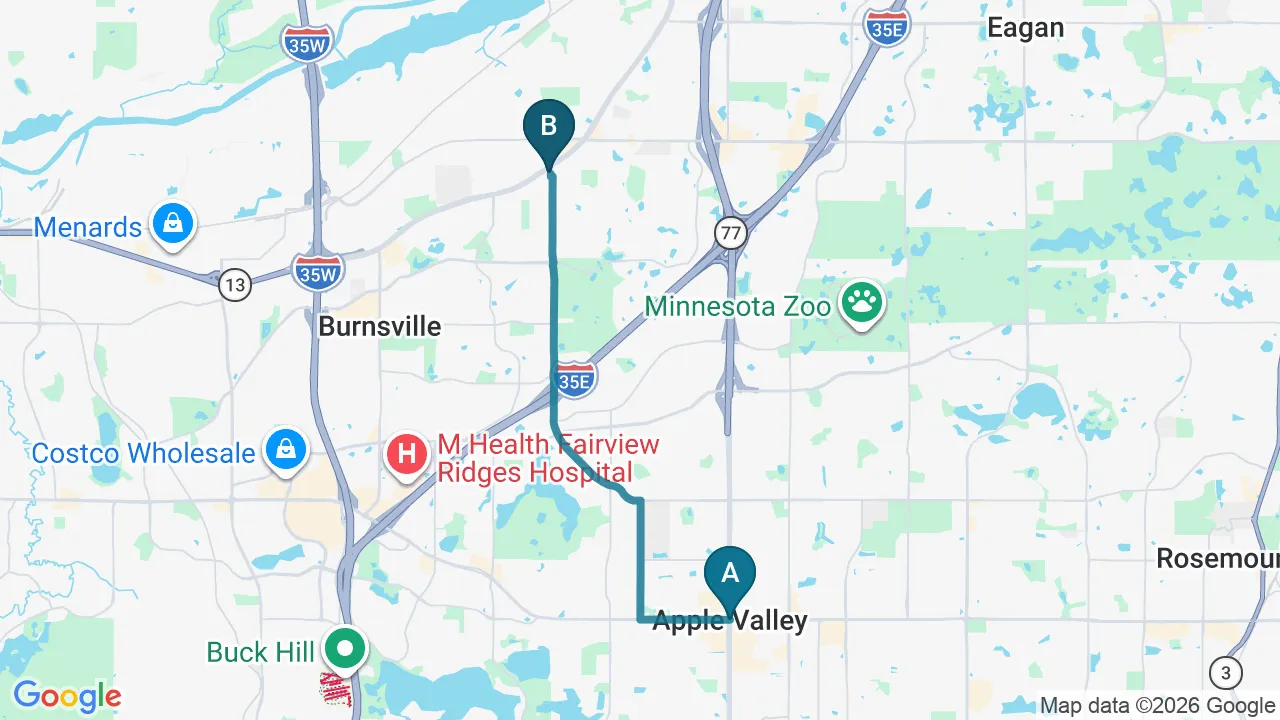 Driving directions map from Apple Valley, MN to Eagle Trace Spine & Sport in Burnsville
