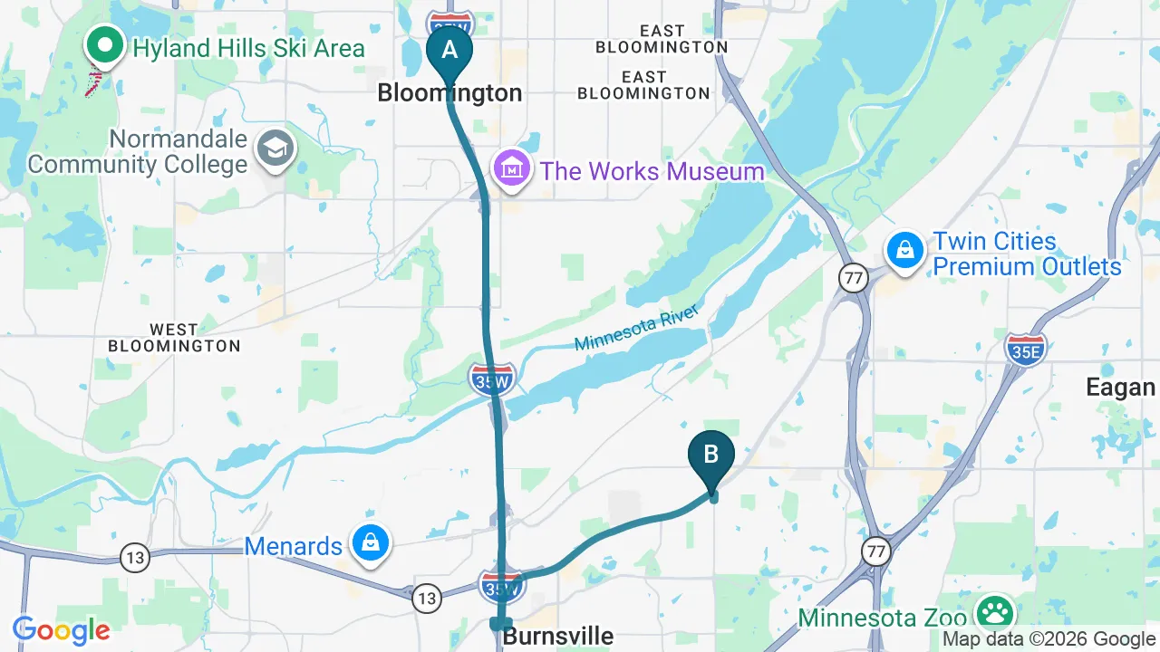 Driving directions map from Bloomington, MN to Eagle Trace Spine & Sport in Burnsville