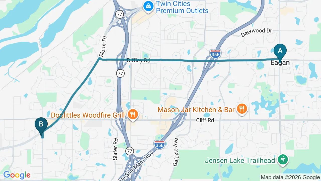 Driving directions map from Eagan, MN to Eagle Trace Spine & Sport in Burnsville
