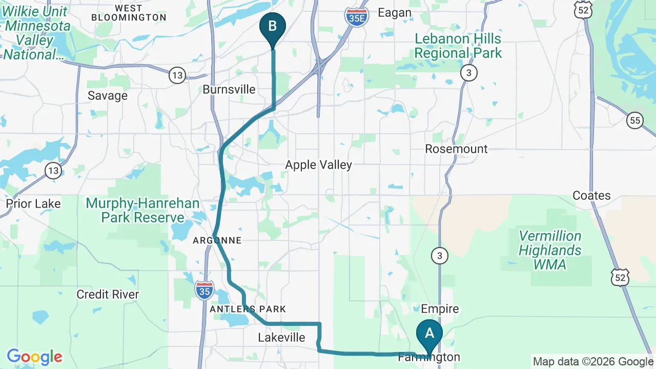 Driving directions map from Farmington, MN to Eagle Trace Spine & Sport in Burnsville