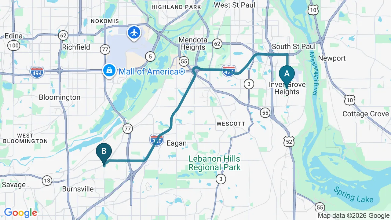 Driving directions map from Inver Grove Heights, MN to Eagle Trace Spine & Sport in Burnsville
