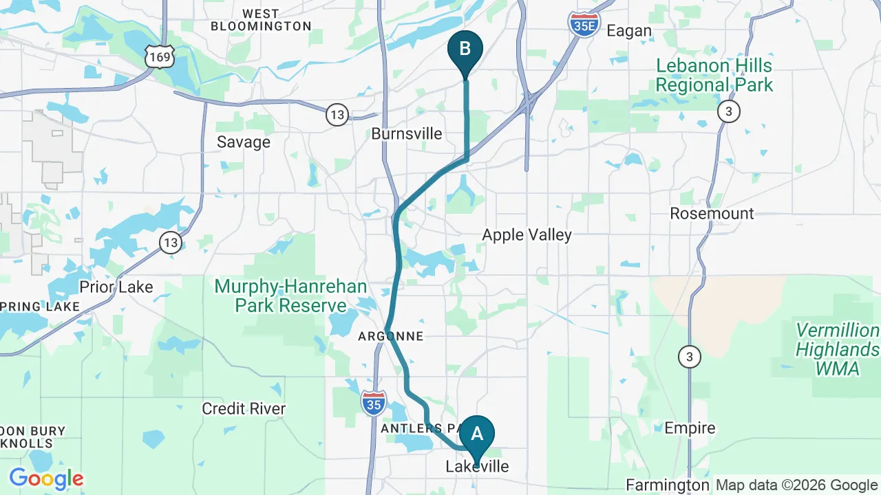 Driving directions map from Lakeville, MN to Eagle Trace Spine & Sport in Burnsville
