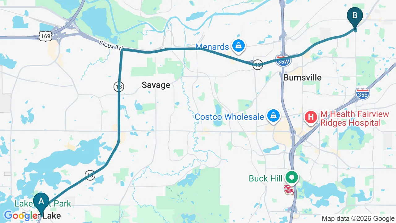 Driving directions map from Prior Lake, MN to Eagle Trace Spine & Sport in Burnsville