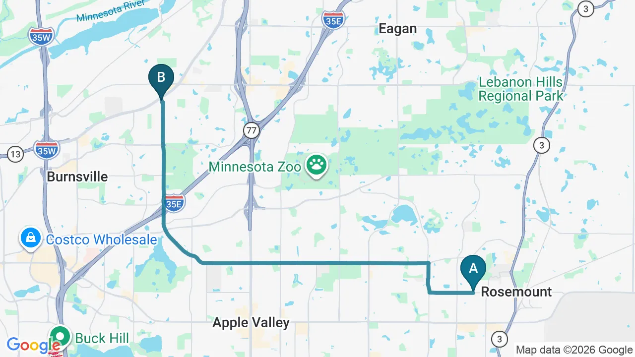 Driving directions map from Rosemount, MN to Eagle Trace Spine & Sport in Burnsville