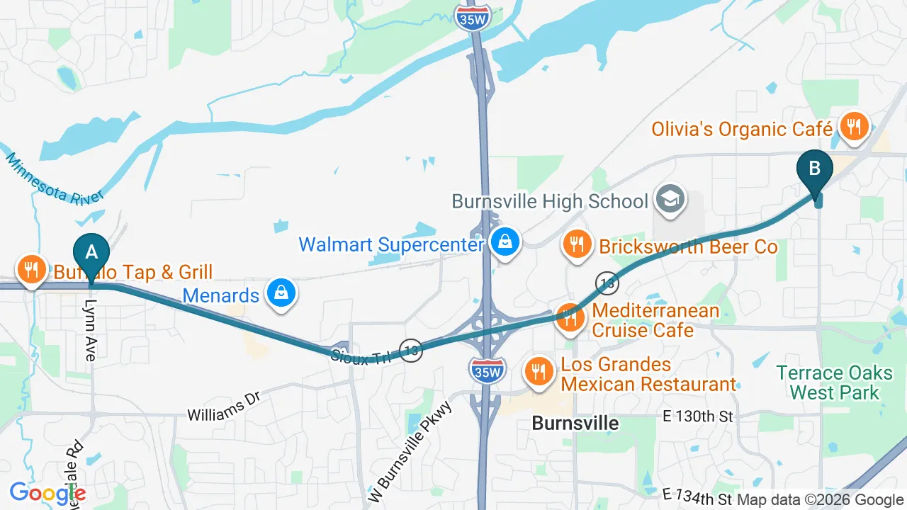 Driving directions map from Savage, MN to Eagle Trace Spine & Sport in Burnsville