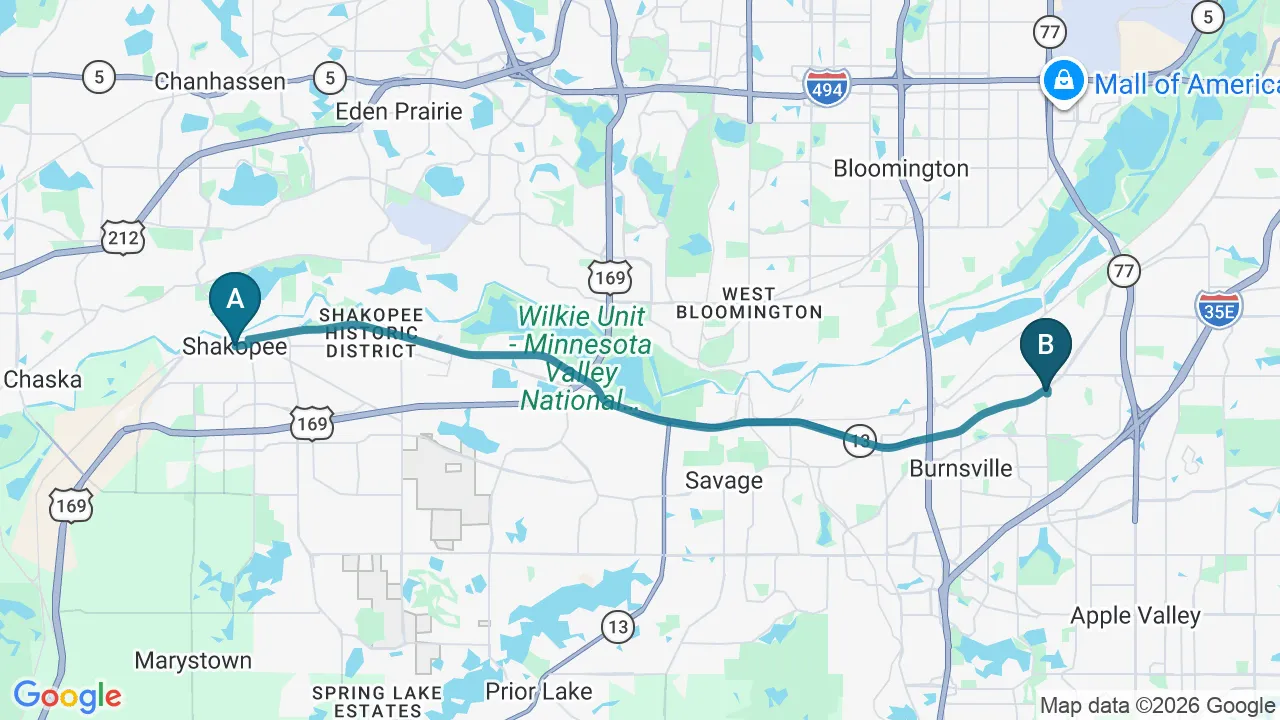 Driving directions map from Shakopee, MN to Eagle Trace Spine & Sport in Burnsville
